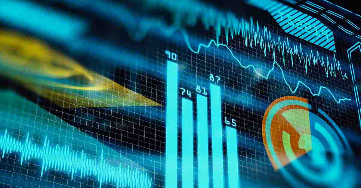 A futuristic digital dashboard displaying data visualizations, including bar charts, waveforms, and analytics, in a glowing blue and orange color scheme.