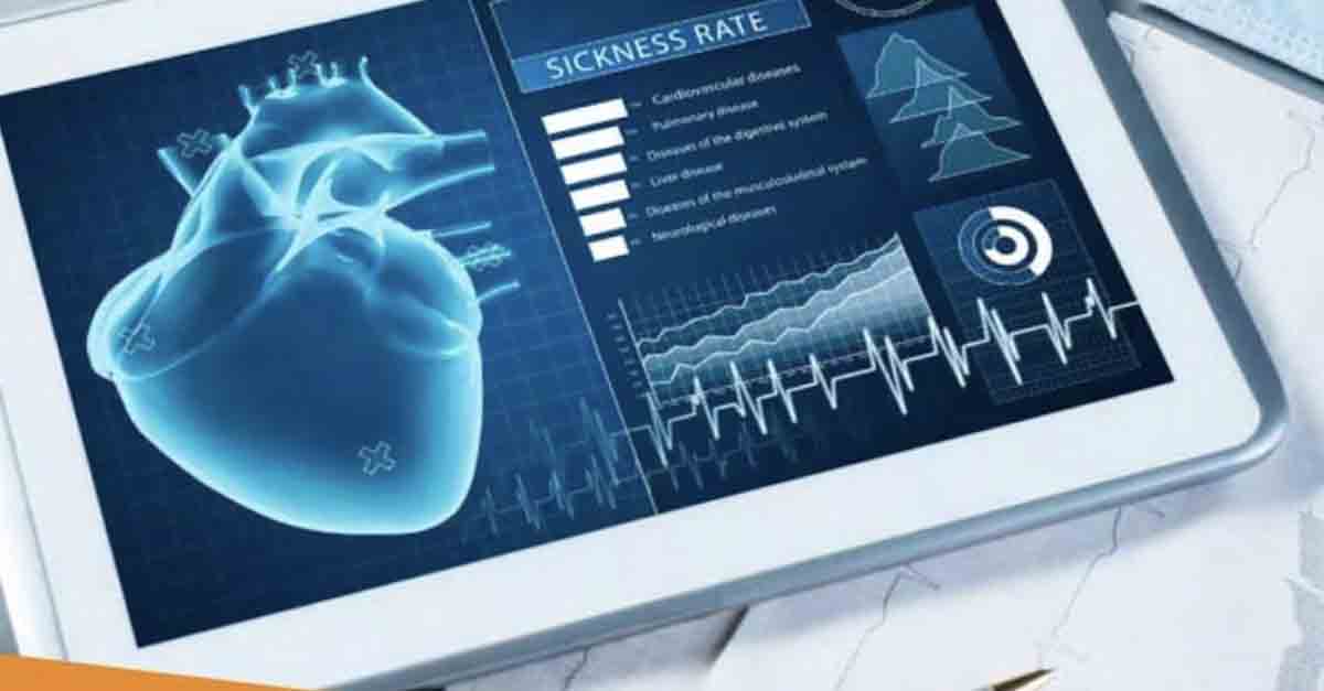 Tablet displaying medical data and a 3D heart model