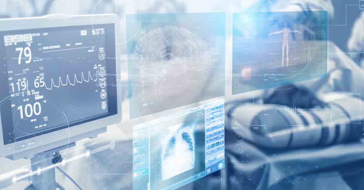 Medical monitors displaying vital signs and diagnostic images