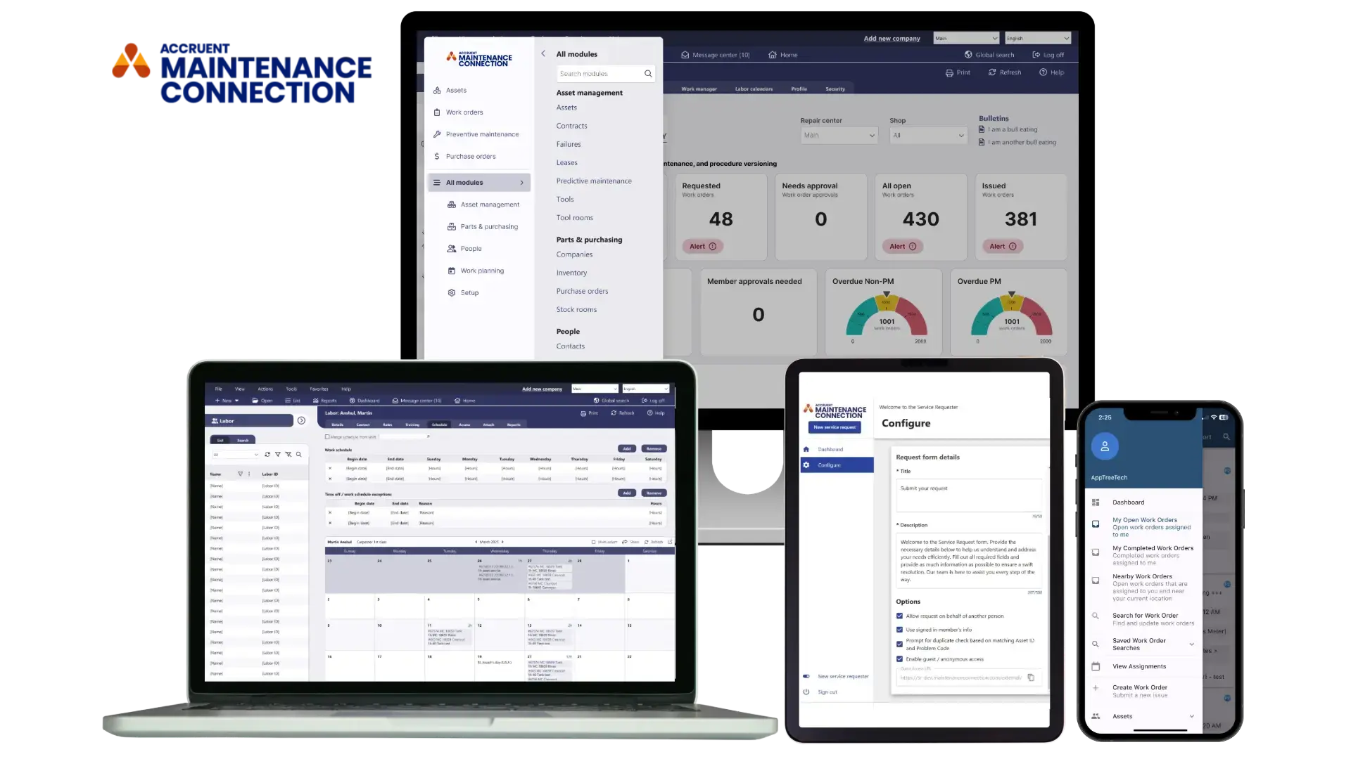 A graphic shows CMMS software available in desktop, tablet and mobile.