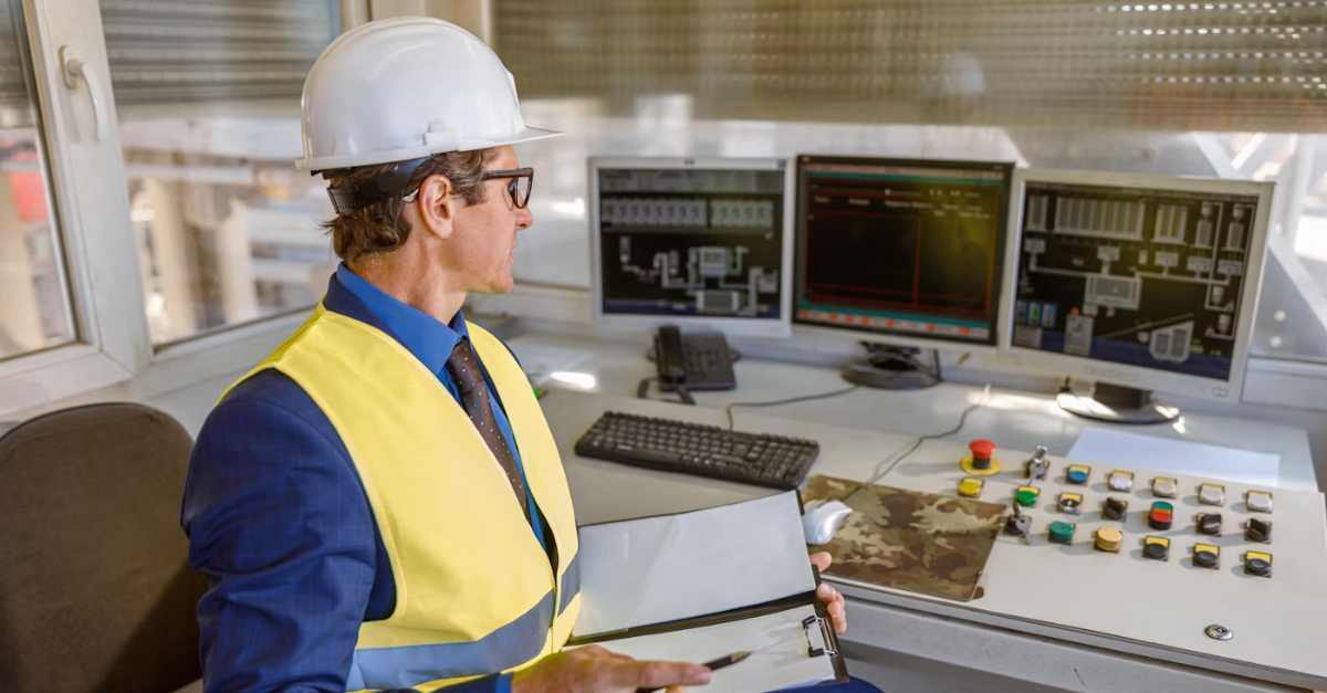Engineer at a desk with documents and document management software, illustrating document control in practice.